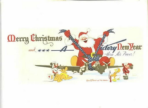 Santa_rides_Airplane_Victory_thru_Air_Power!_Disney_Postcard_Donald_Duck_with_Rifle